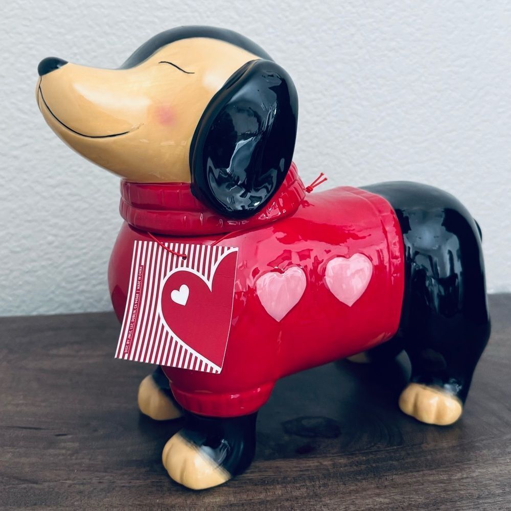 Dachshund Dog Ceramic Valentine Hearts Cookie Treat Jar